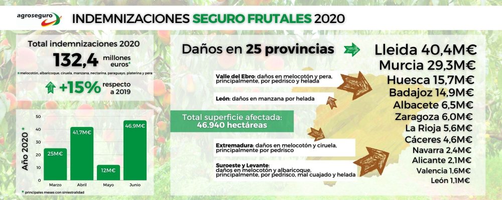 Agroseguro abona 132,4 Mll de € a fruticultores asegurados em 2020.