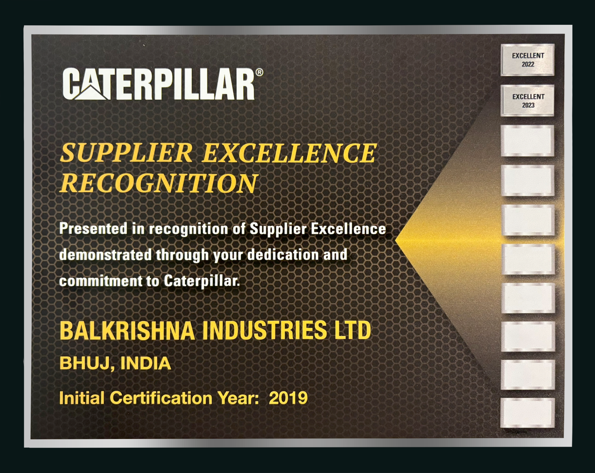 BKT ha obtenido la certificación "Nivel Excelente" de Caterpillar  por el segundo año consecutivo